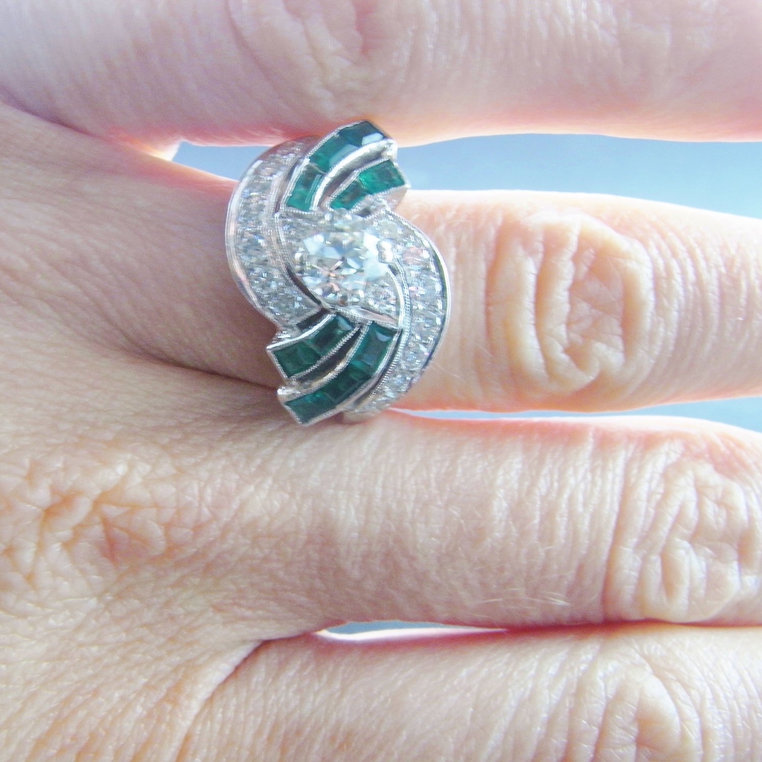 Emerald Art Deco Engagement Ring Diamond Emerald Engagement Ring Wedding Ring 1920s Engagement Ring 1930s 1940s Gatsby Downton Abbey Luxury High End OMC OEC European Cut Old Cut Rare