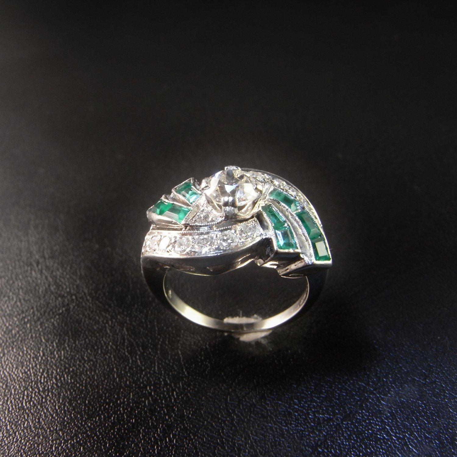Emerald Art Deco Engagement Ring Diamond Emerald Engagement Ring Wedding Ring 1920s Engagement Ring 1930s 1940s Gatsby Downton Abbey Luxury High End OMC OEC European Cut Old Cut Rare