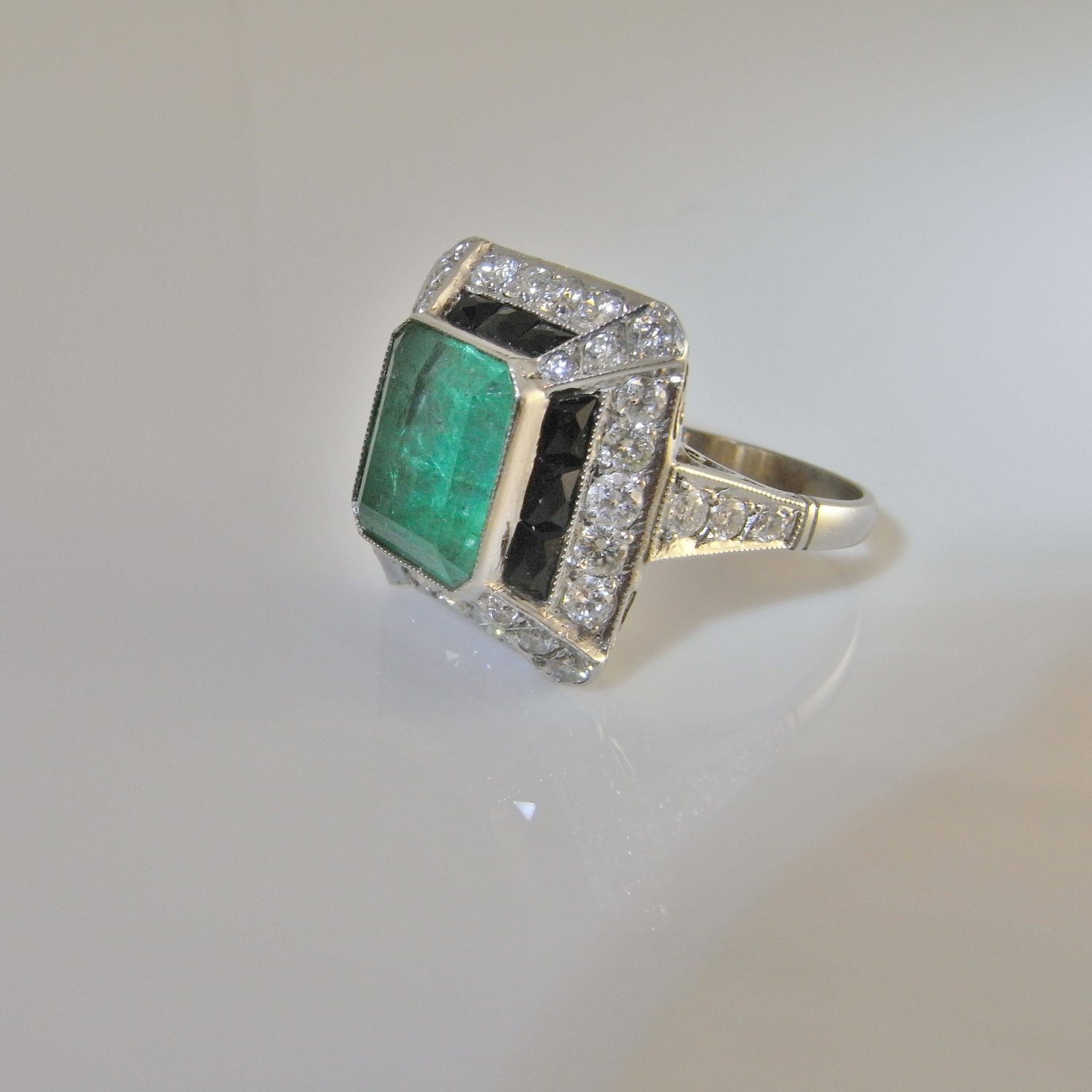 Art Deco Emerald Diamond Platinum Ring Engagement Ring
