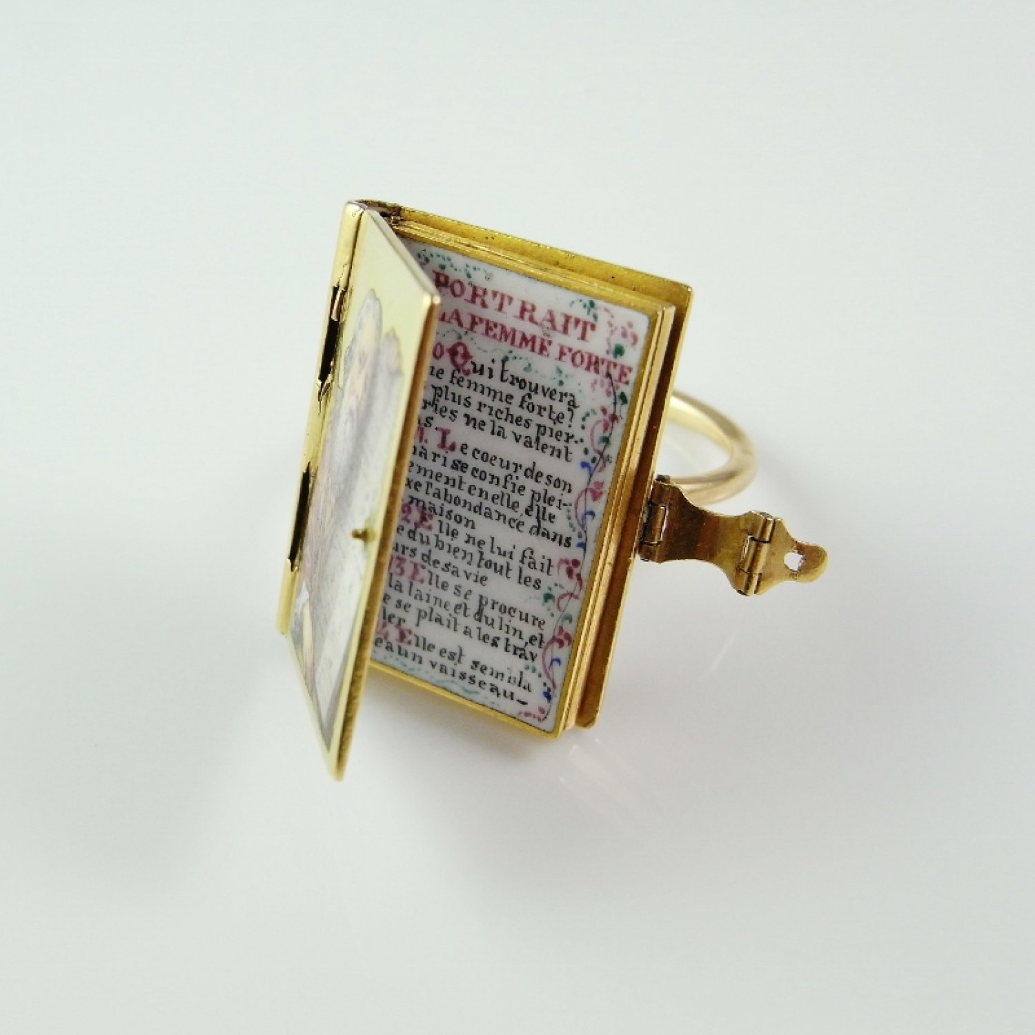 French Empire Georgian Enamel Miniature Holy Bible Ring circa 1810 in 18K Gold French Hand Made Enamel Ring Proverbs 31 Antique Wedding Band