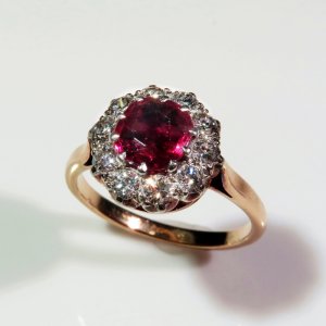 Antique Vivid Natural Unheated Red Ruby Diamond Engagement Ring Victorian Post Georgian Jewelry Ruby Anniversary Ruby Engagement Ring Wedding Ring Band Old European Cut Diamond Ring 18K Gold One of a Kind Heirloom Jewelry Cluster Gatsby 19th Century