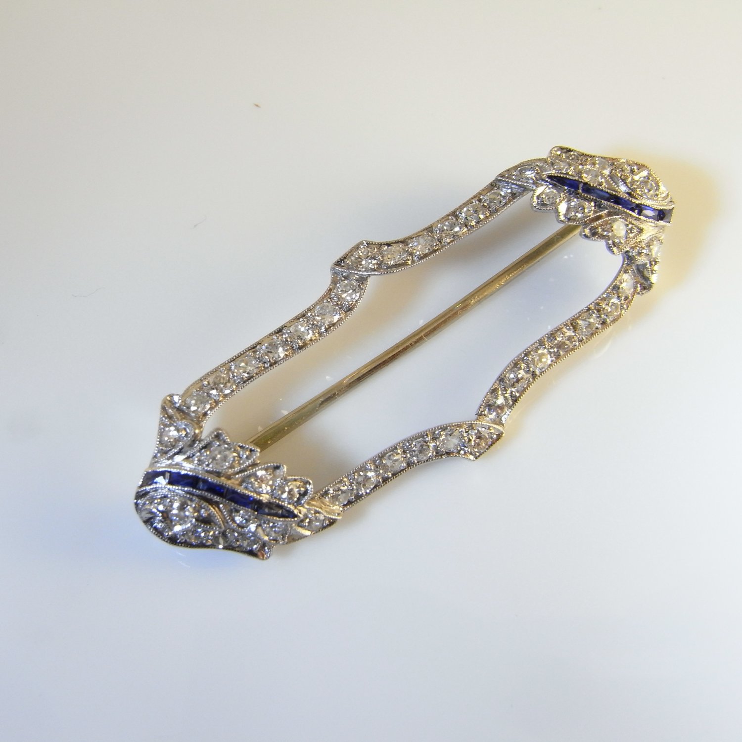 Fine Art Deco Hand made Platinum Diamond Sapphire Brooch Pin Edwardian Belle Epoque Circa 1900 Blue White Antique Old Cut Diamonds Dainty Delicate Bridal Wedding Anniversary One of a Kind Jewelry