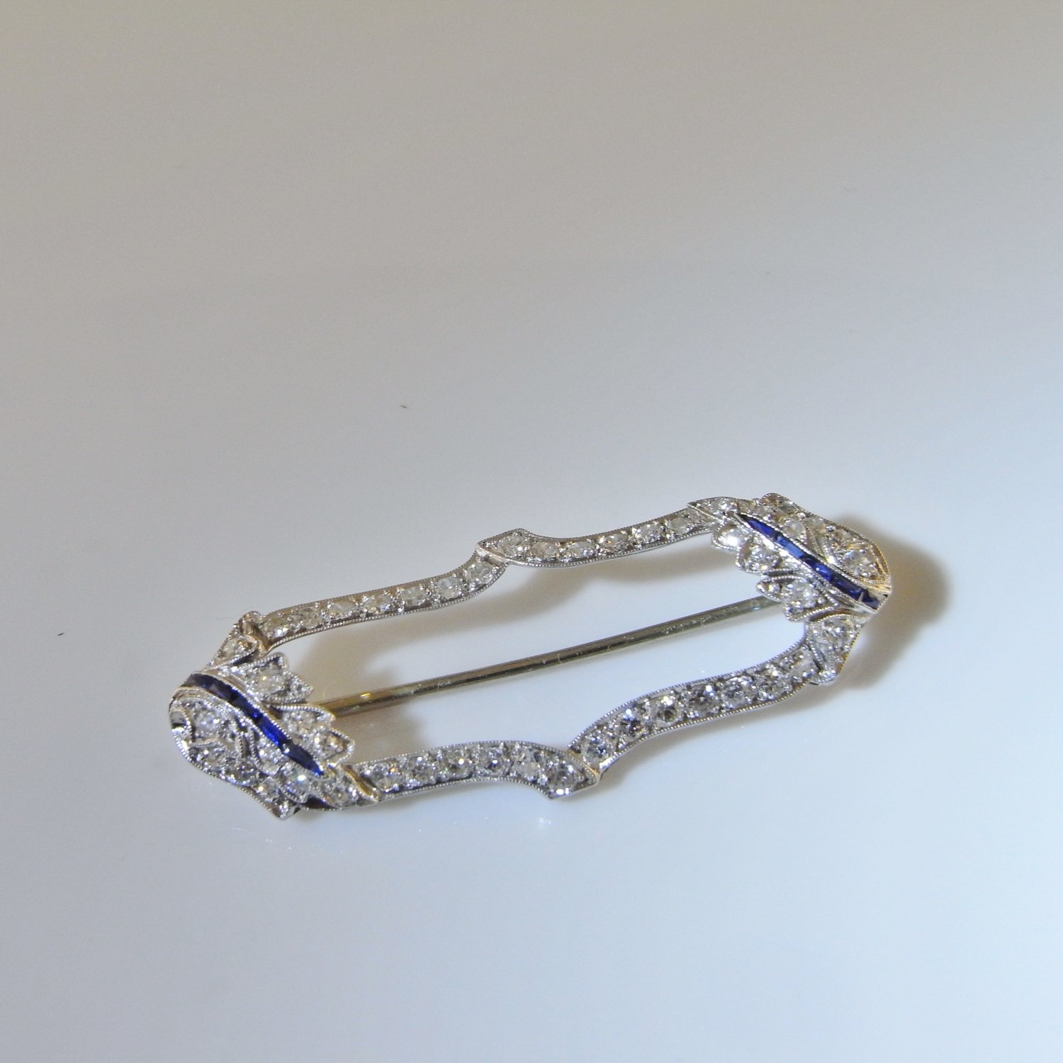 Fine Art Deco Hand made Platinum Diamond Sapphire Brooch Pin Edwardian Belle Epoque Circa 1900 Blue White Antique Old Cut Diamonds Dainty Delicate Bridal Wedding Anniversary One of a Kind Jewelry
