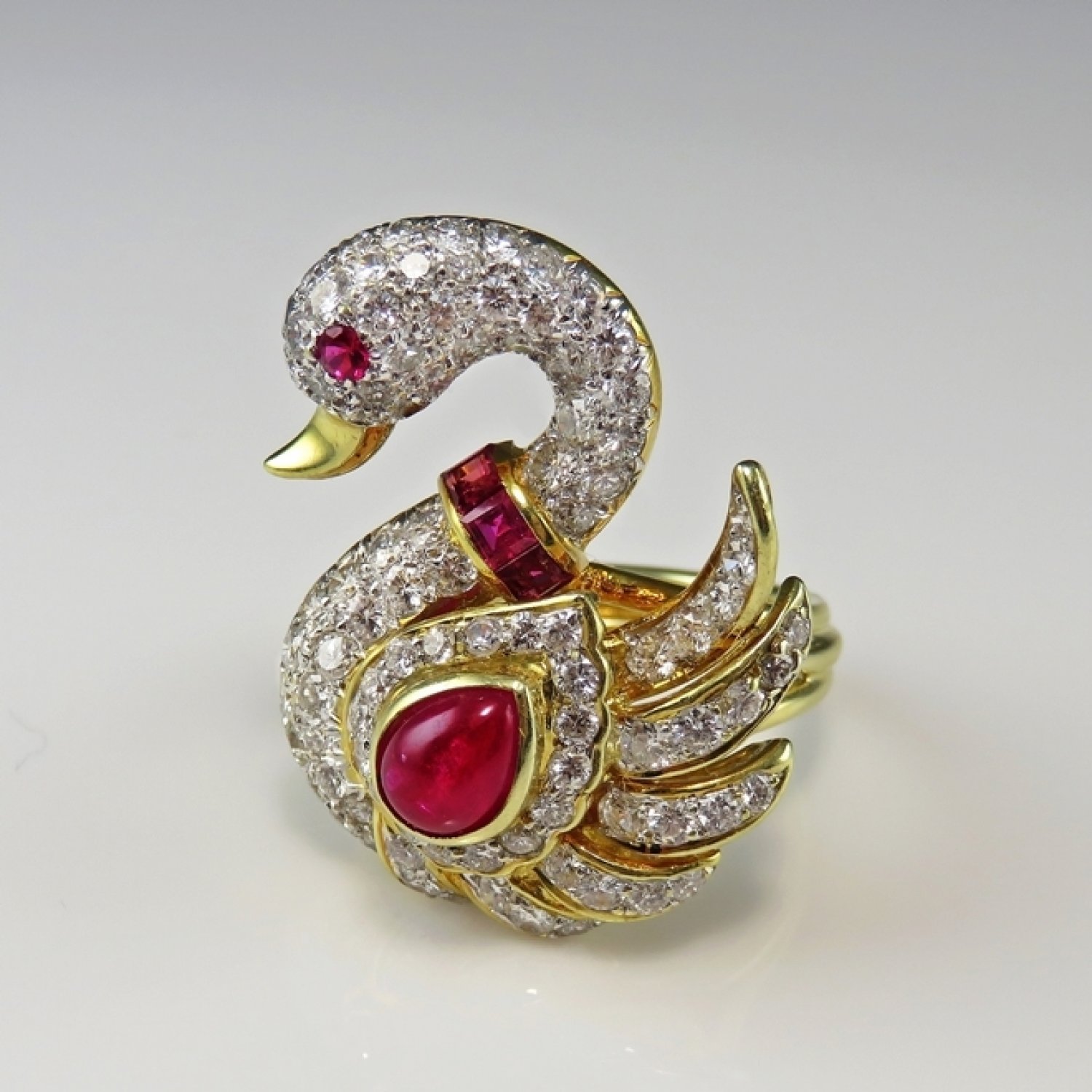 Swan Ring Swan Jewelry Ruby Cabochon Ring Natural Ruby Ring Cocktail Ring 80s Jewelry Ruby Diamond Ring Unique Engagement Ring 18K Gold Ring Wedding