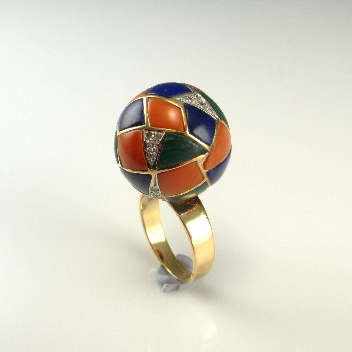 Inlay 14K Gold Ring Inlaid 14K Ring Vintage Lapis Malachite Red Coral Ring Mid Century Modernist Ring Cockail Ring Unique Diamond Ring Fine