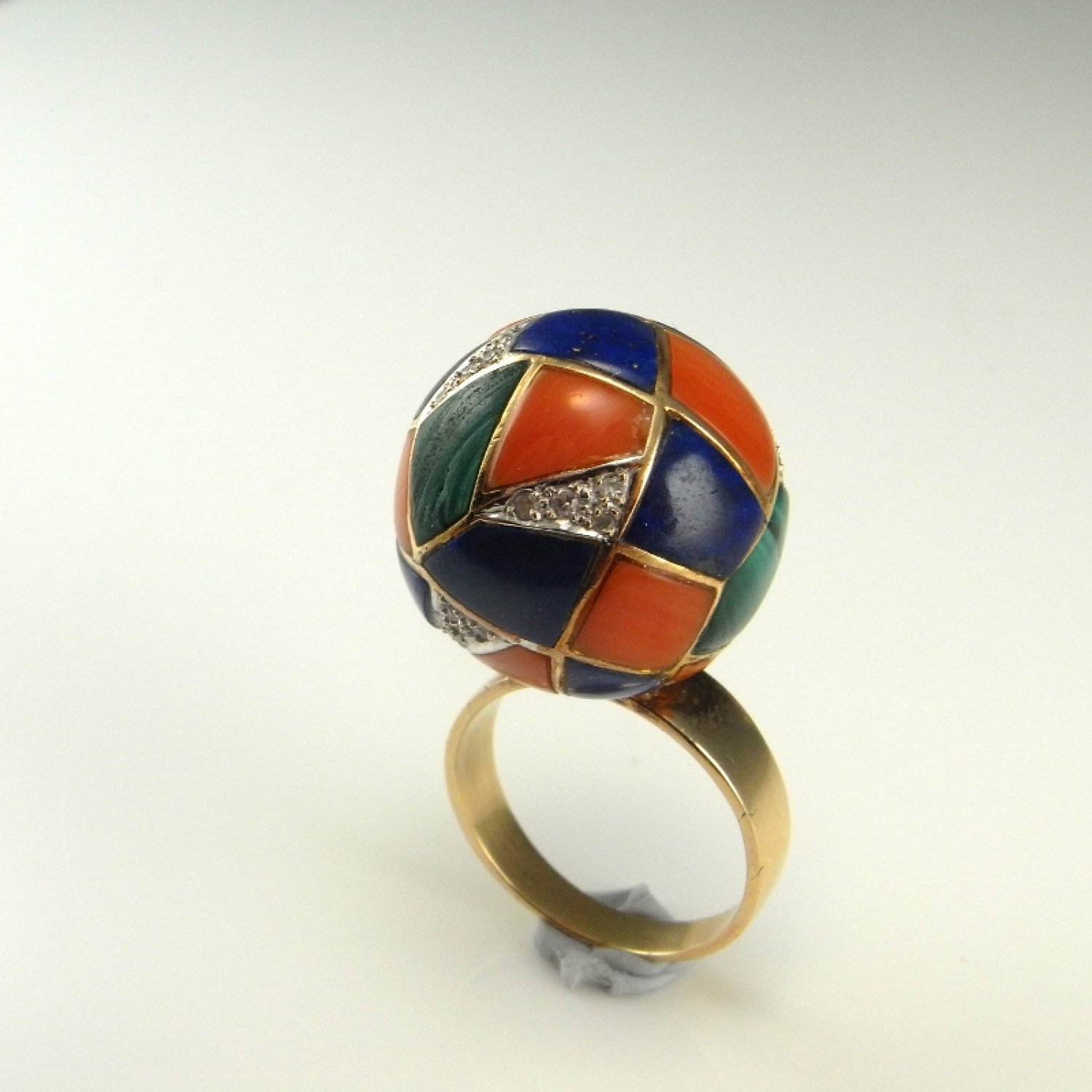 Inlay 14K Gold Ring Inlaid 14K Ring Vintage Lapis Malachite Red Coral Ring Mid Century Modernist Ring Cockail Ring Unique Diamond Ring Fine