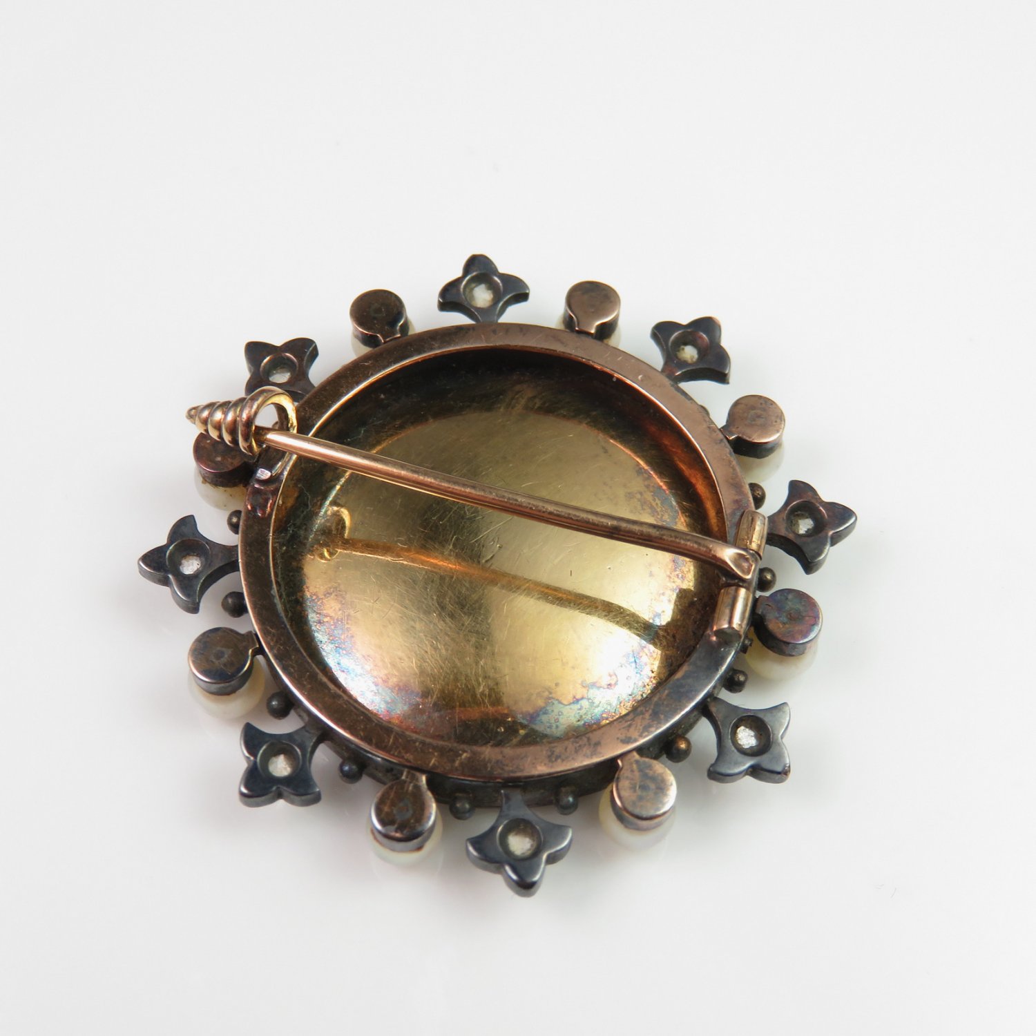 Victorian Enamel Portrait Brooch Diamond Pearl 18K Gold Brooch Enamel Jewelry Rose Cut Diamond Pin