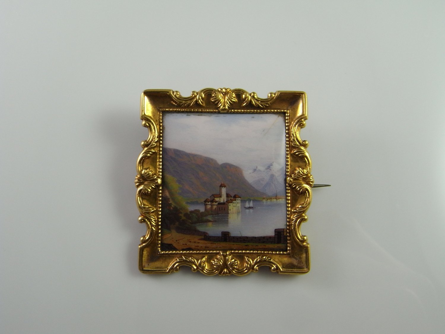 Antique Victorian Enamel Brooch 1850s Swiss Miniature Landscape 18K Gold Brooch Chateau de Chillon Pin