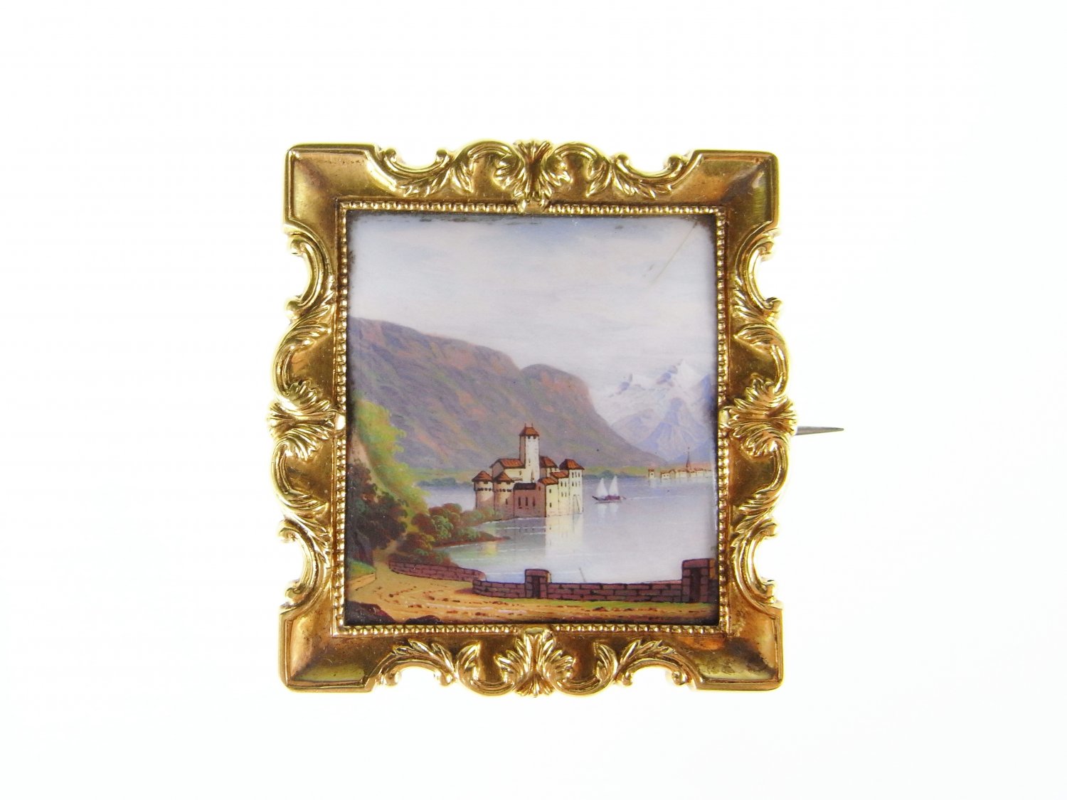 Antique Victorian Enamel Brooch 1850s Swiss Miniature Landscape 18K Gold Brooch Chateau de Chillon Pin