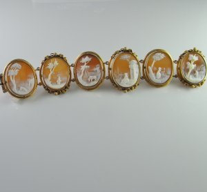 Antique Victorian 1870s Finest Quality Figural Scenic Shell Cameo Bracelet in 14K Yellow Gold