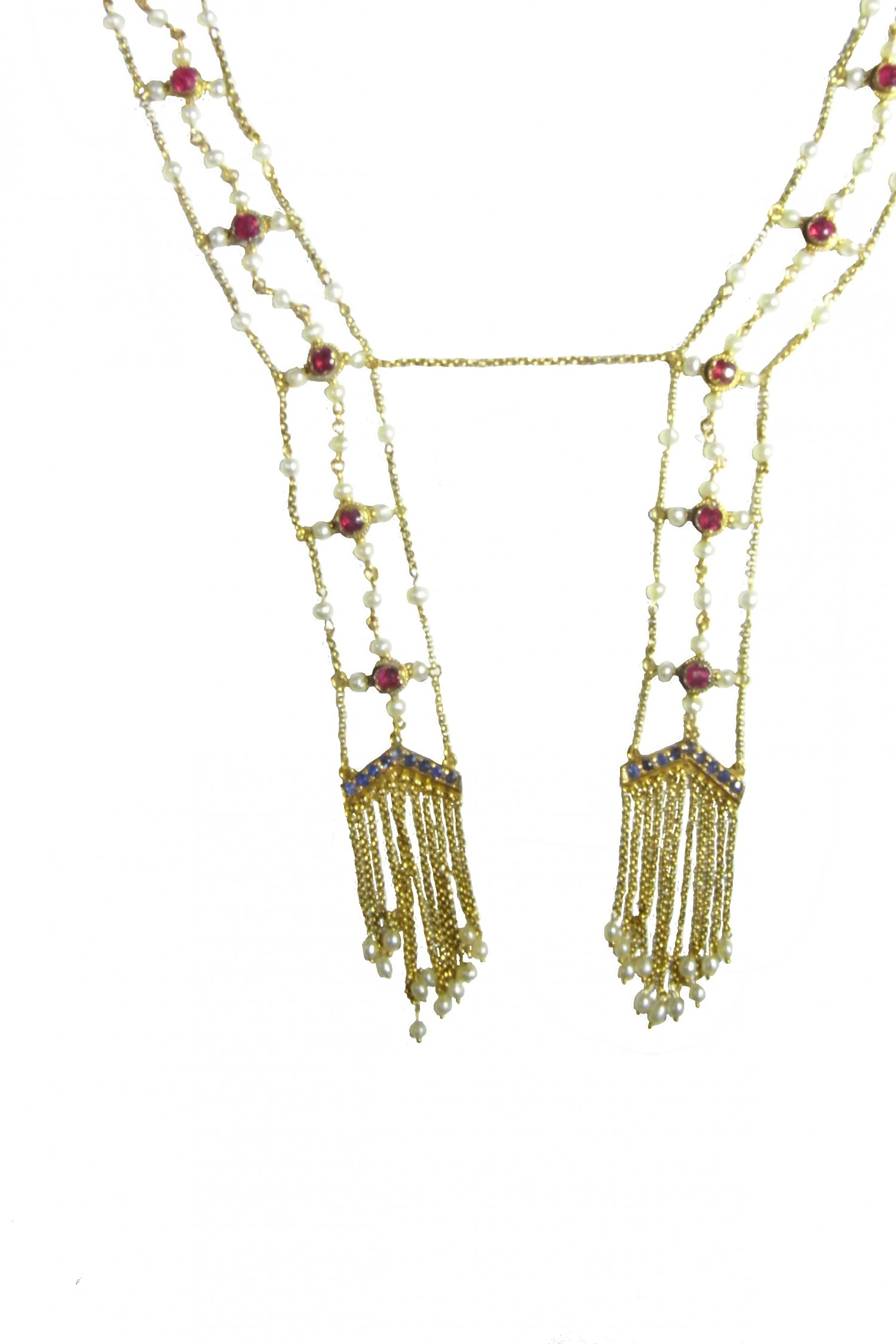 Victorian 1870s NO HEAT UNHEATED Ruby Sapphire Pearl 14K Yellow Gold Negligee Necklace 19th Century Festoon Red White and Blue Natural Pearls Antique