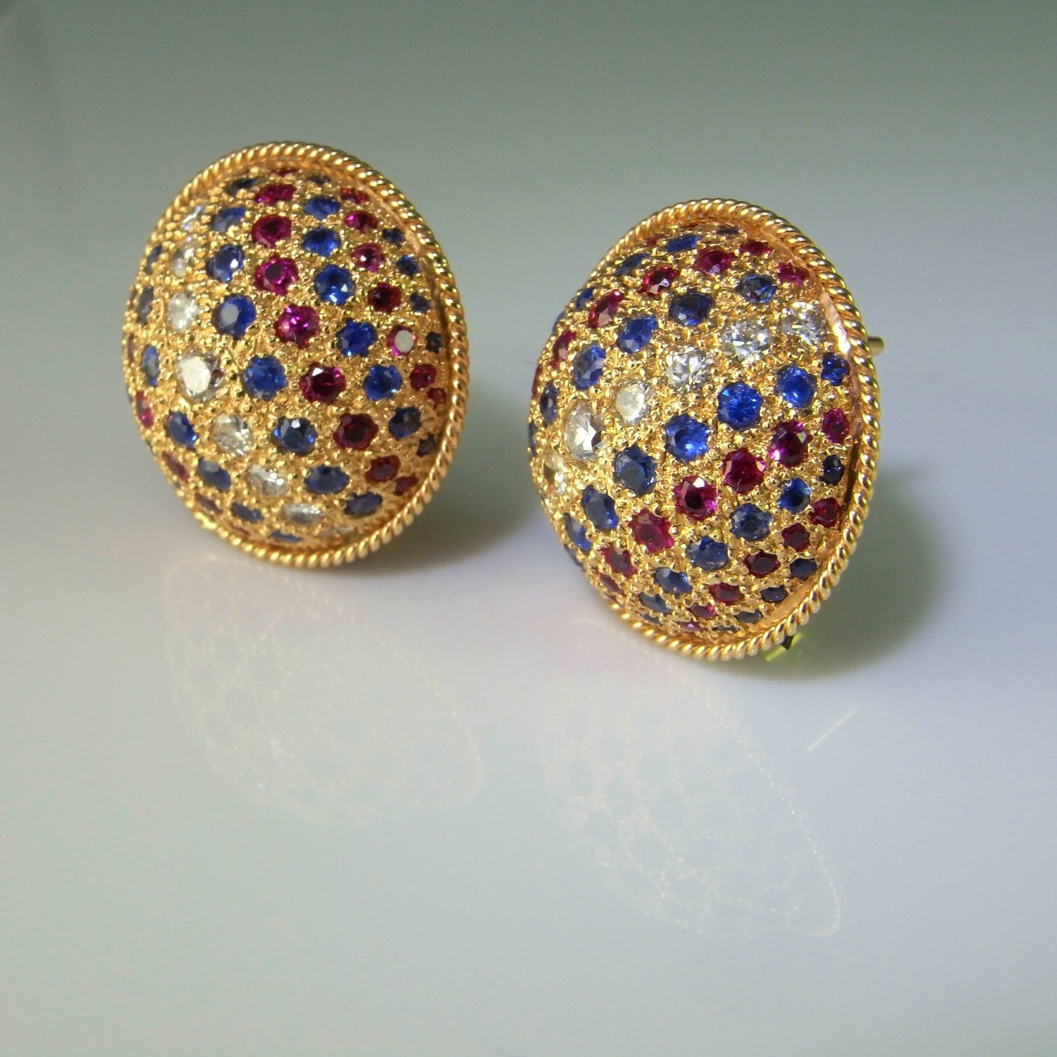 Dome Bombe Ruby Diamond Earrings Sapphire Diamond Earrings 14K Gold One of a Kind Modernist Mid Century 1950s Unique Red White Blue High End Luxury Sparkly Cornflower Blue Natural Rubies Natural Sapphires