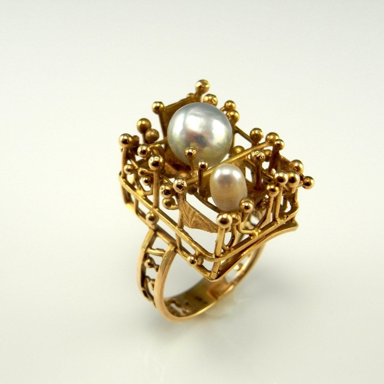 Modernist Brutalist Ring Salt Water Baroque Silver and White Pearls 14K ...