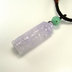 Antique Green Lavender Jadeite Jade Cylinder Pendant Necklace Qing Dynasty Status Hat Decoration Officials 19th Century Chinese Jewelry Fine Qianlong Pierced Jade