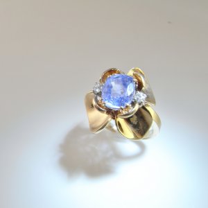 NO HEAT Blue Sapphire Diamond Ring 14K Gold Late Art Deco 