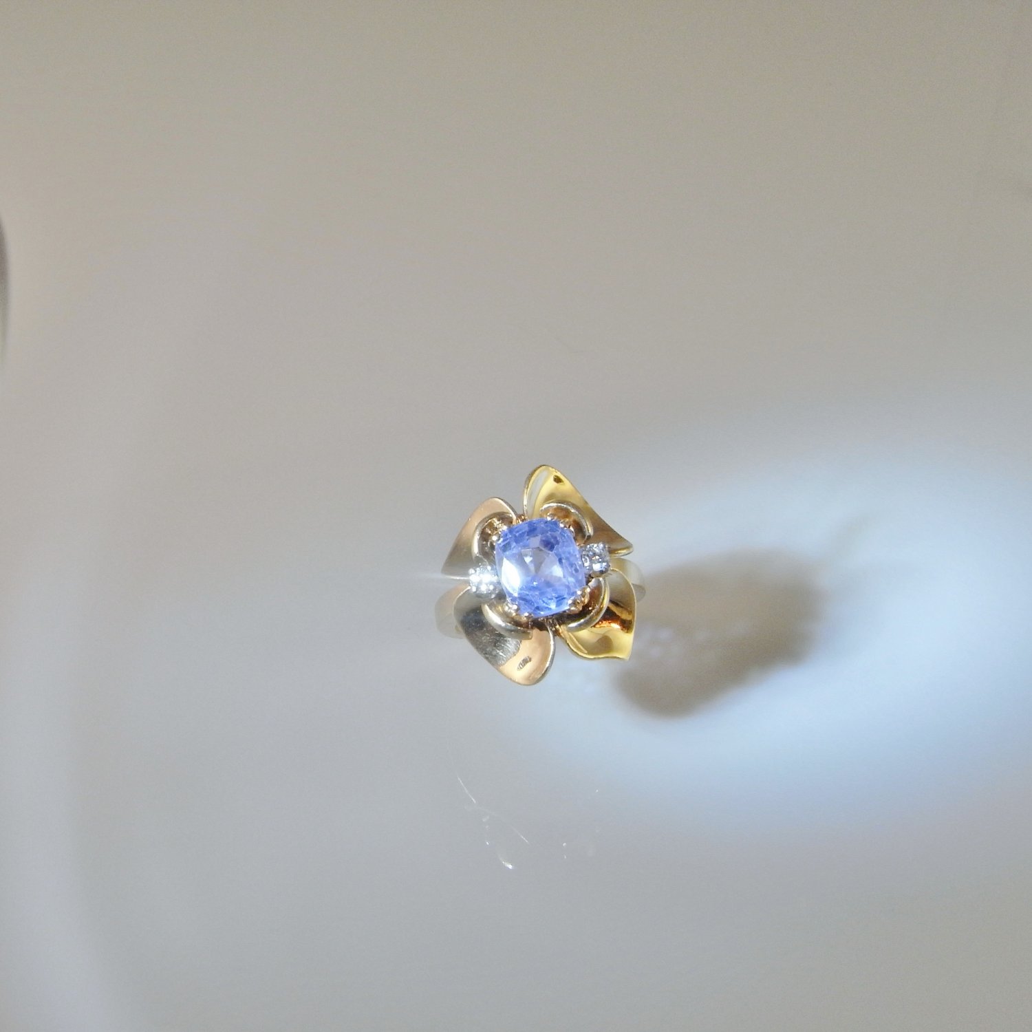 NO HEAT Blue Sapphire Diamond Ring 14K Gold Late Art Deco 