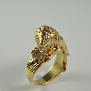 Champagne Diamond Lion Ring and Fancy White Diamond One of a Kind Custom Made 14K Yellow Gold Ring Unique Engagement Wedding