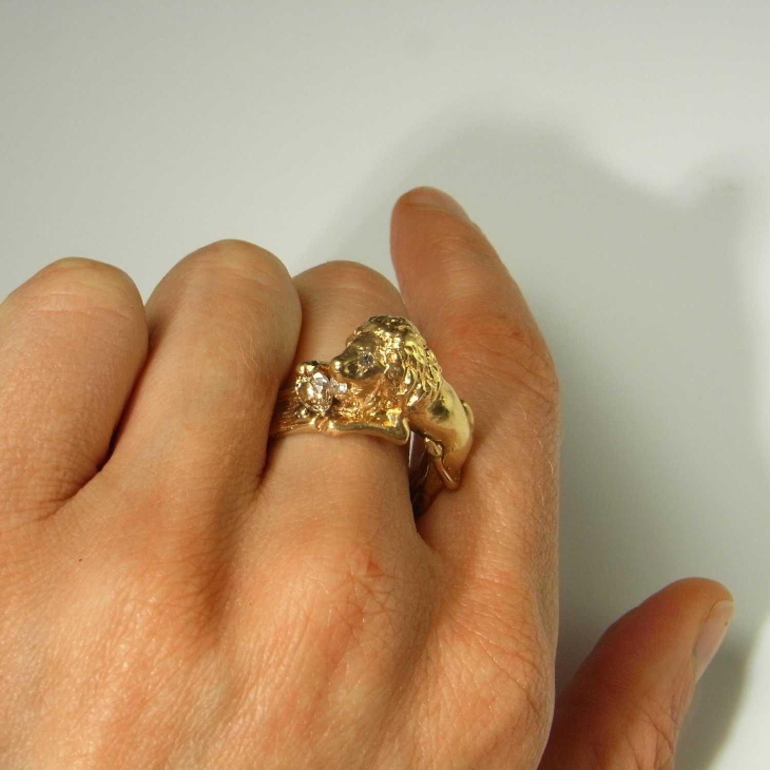 Champagne Diamond Lion Ring and Fancy White Diamond One of a Kind Custom Made 14K Yellow Gold Ring Unique Engagement Wedding
