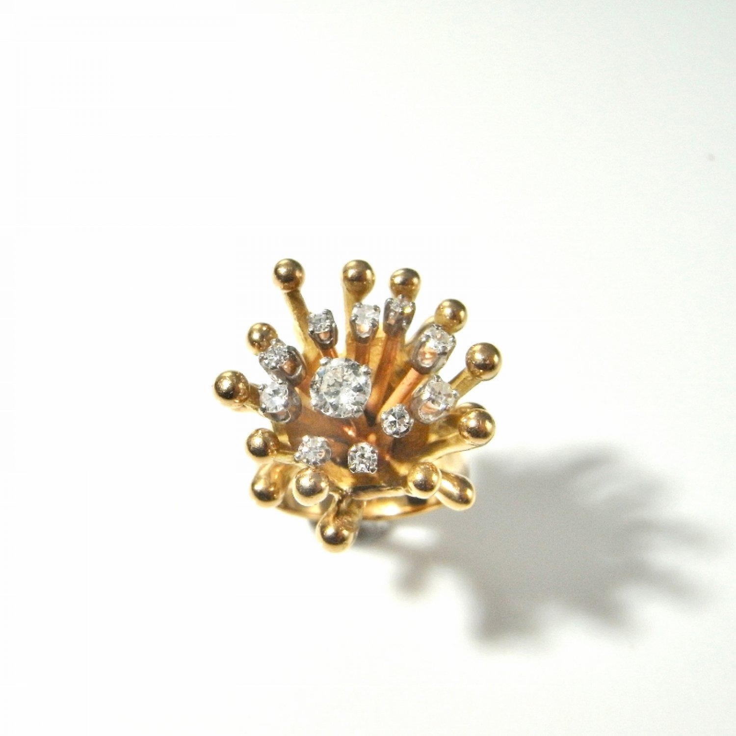 Starburst Diamond 14K Gold Ring Unique Engagement Ring One of a Kind Wedding Ring Anniversary Ring Dress ring Cocktail Ring Designer Ring Mid Century Modernist 1950s 1960s 1970s handmade Unique Statement Ring Sculptural Rare Sparkly Modern Atomic