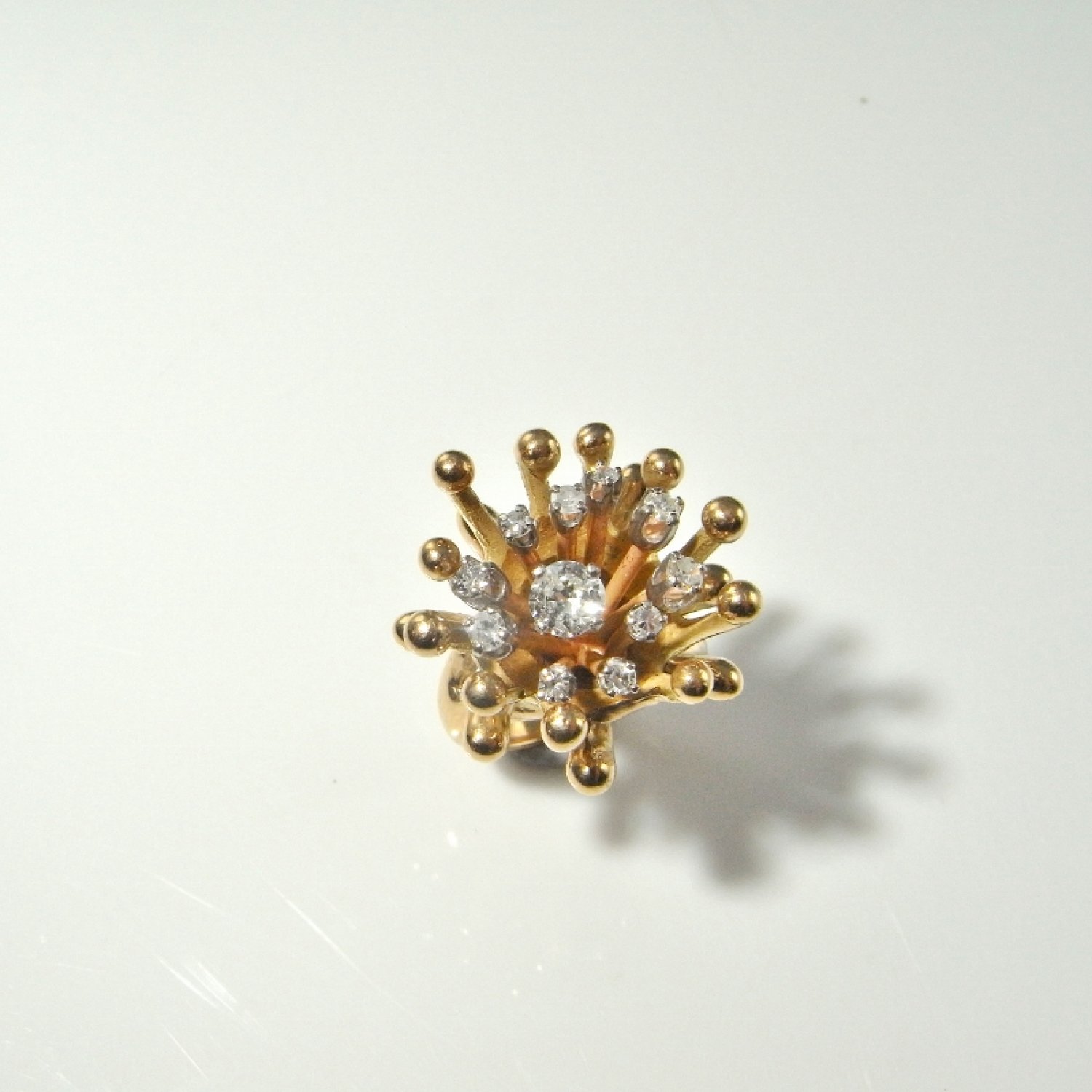 Starburst Diamond 14K Gold Ring Unique Engagement Ring One of a Kind Wedding Ring Anniversary Ring Dress ring Cocktail Ring Designer Ring Mid Century Modernist 1950s 1960s 1970s handmade Unique Statement Ring Sculptural Rare Sparkly Modern Atomic
