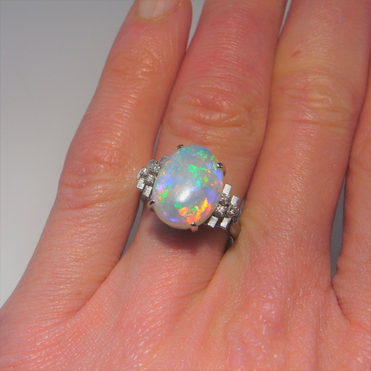 A Large Handmade Natural Australian Opal Diamond Engagement Ring in Platinum