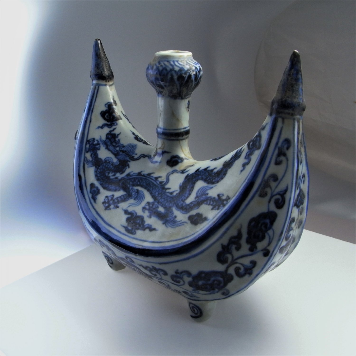 Xuande Blue and White Ming Dynasty Porcelain Pilgrim Flask Crescent Moon Six Character Mark Period 1426 to 1435 15th Century Porcelain