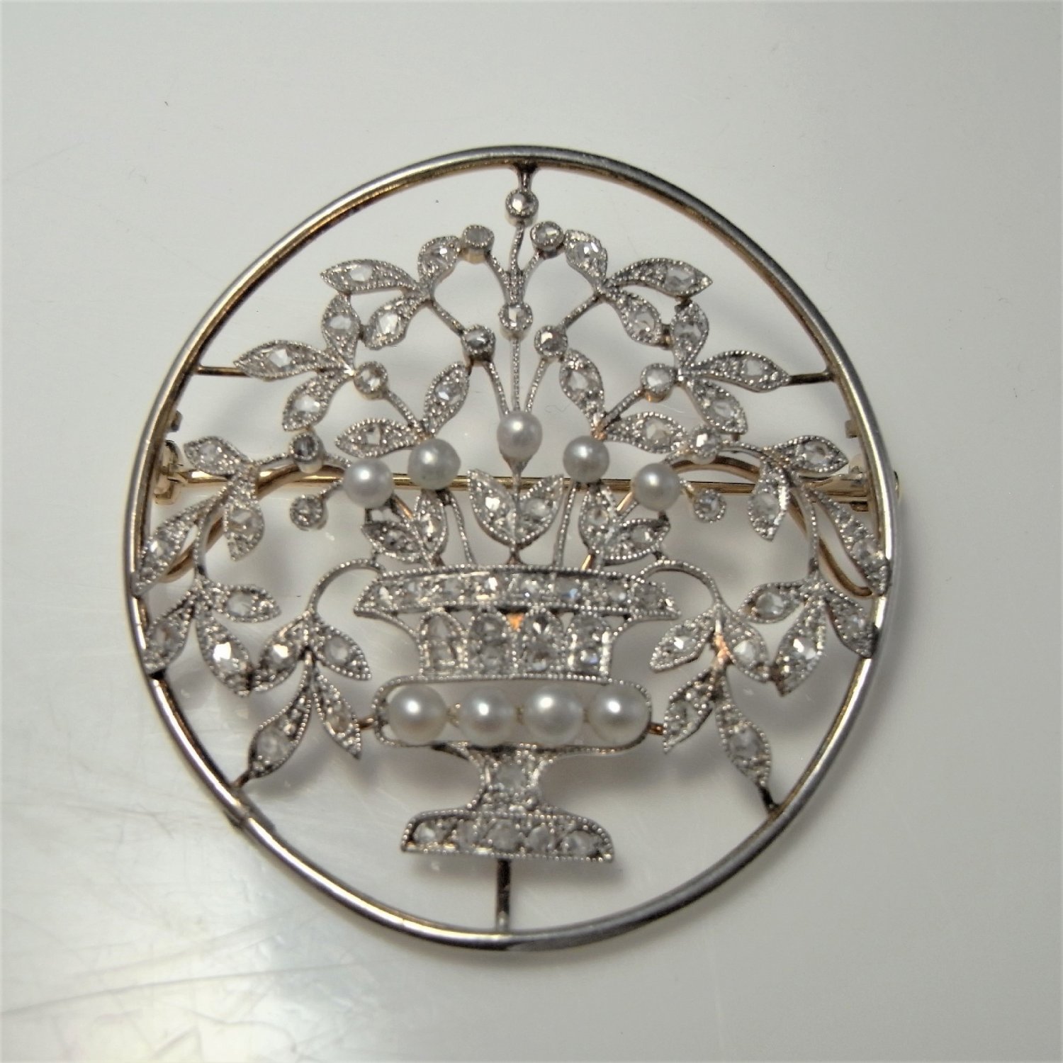 Jugenstil Natural Pearl Rose Diamond Bouquet Brooch Pin Platinum 18K Yellow Gold Wedding Bridal Jewelry Anniverary 