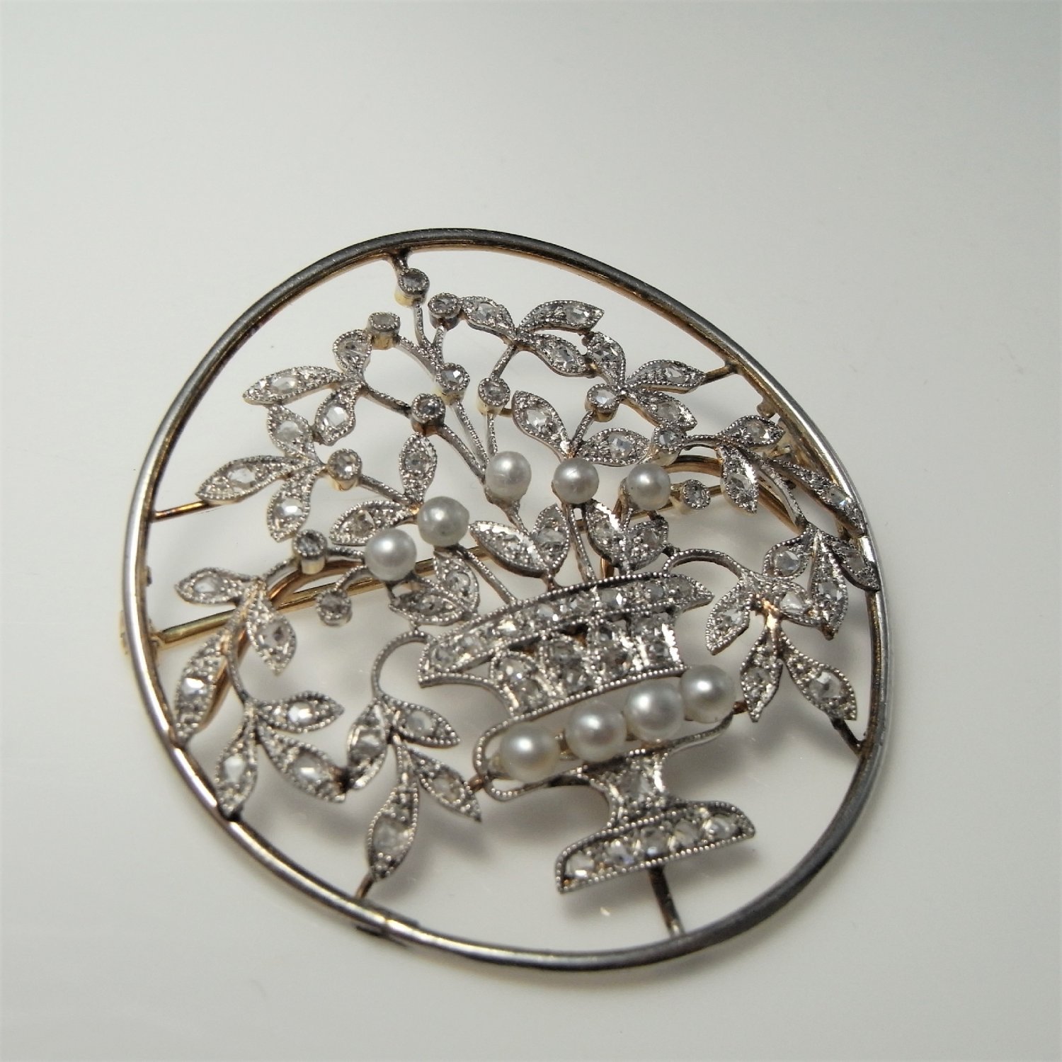 Jugenstil Natural Pearl Rose Diamond Bouquet Brooch Pin Platinum 18K Yellow Gold Wedding Bridal Jewelry Anniverary 