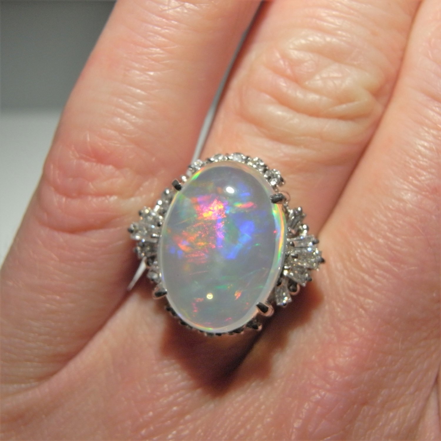 Huge Cystral Opal and Diamond Ring Platinum circa 1950 Filigree Handmade Custom 