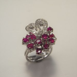 NO HEAT Ruby Diamond Cluster Engagement Ring 14K White Gold 1950s Jewelry Cocktail Rings Oval Cut Floral Engagement Butterfly Bow Bouquet