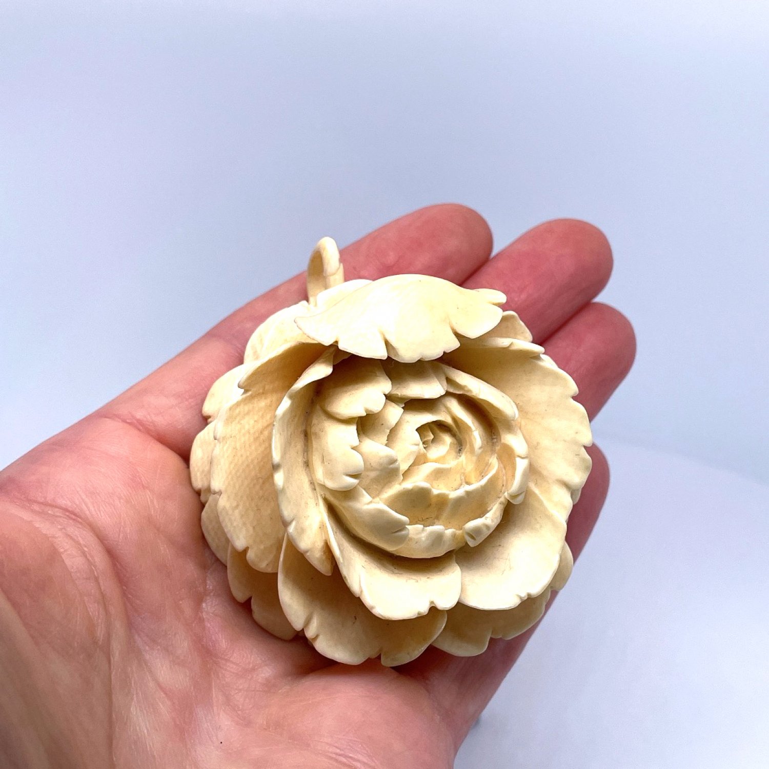 Antique Victorian Large Hand Carved Elephant Ivory Peony Rose 