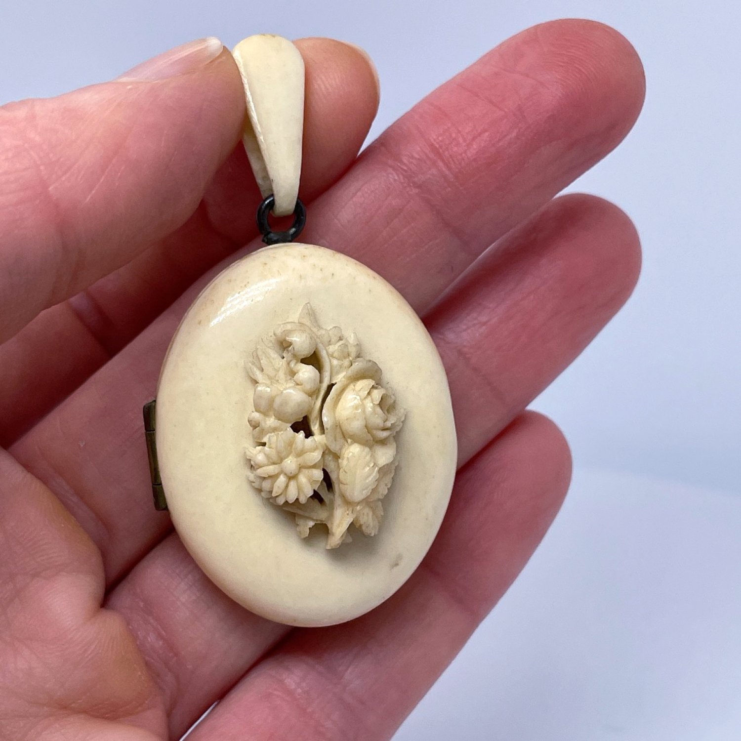 FRENCH Victorian 1880s Bouquet Hand Carved Ivory Colored Bone Locket Pendant 