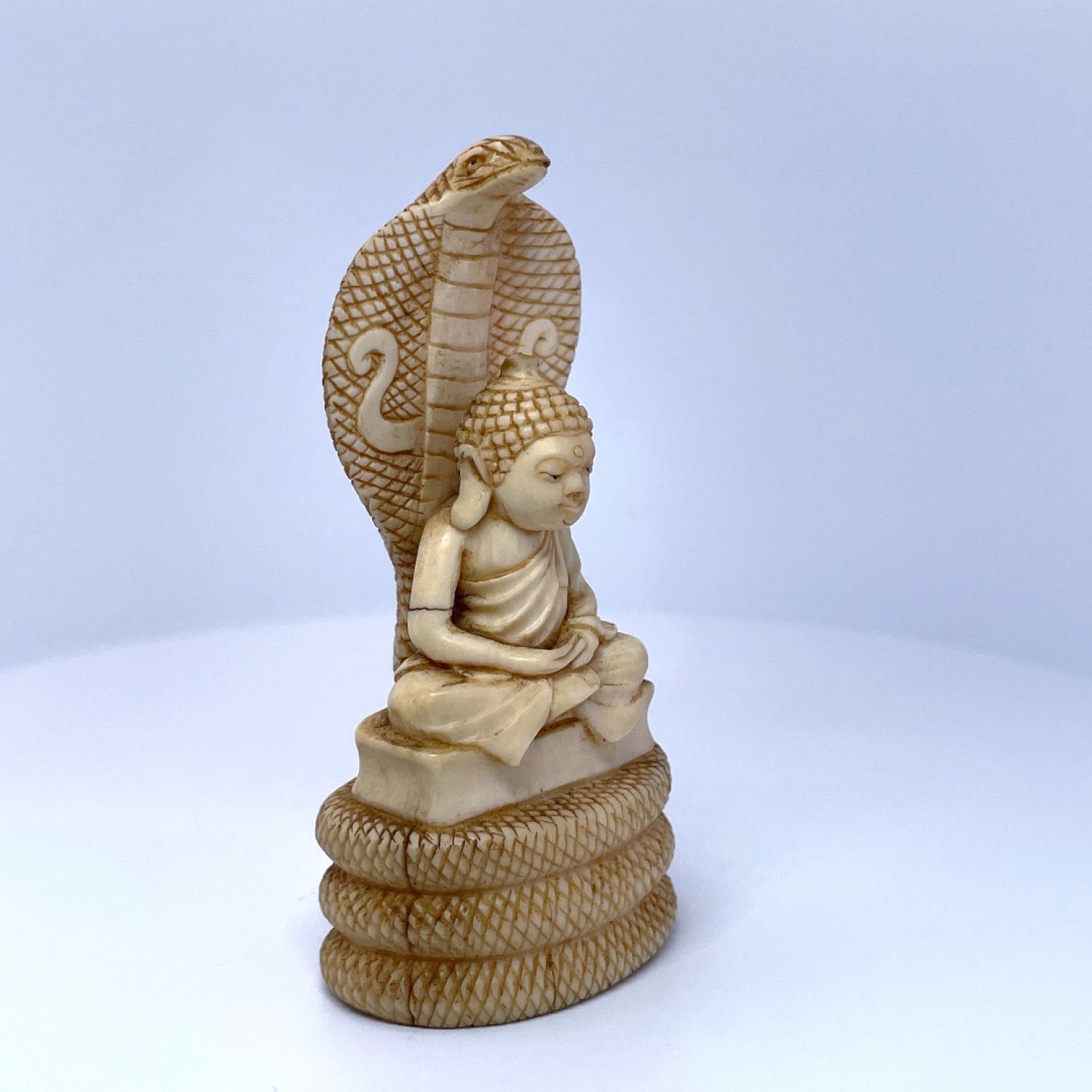 19th Century Indian Mucalinda Naga Buddha Statue Hand Carved Bone 