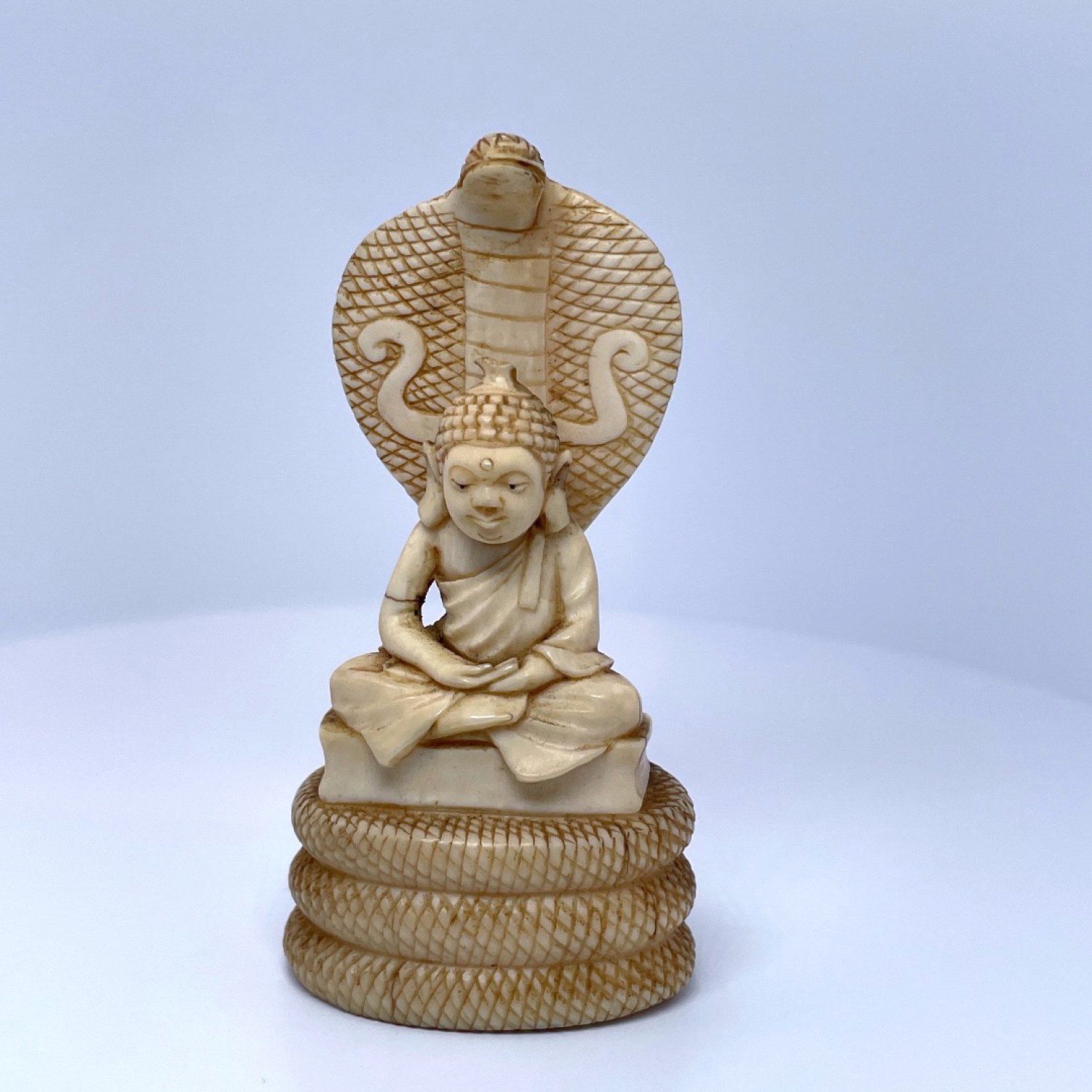 19th Century Indian Mucalinda Naga Buddha Statue Hand Carved Bone 