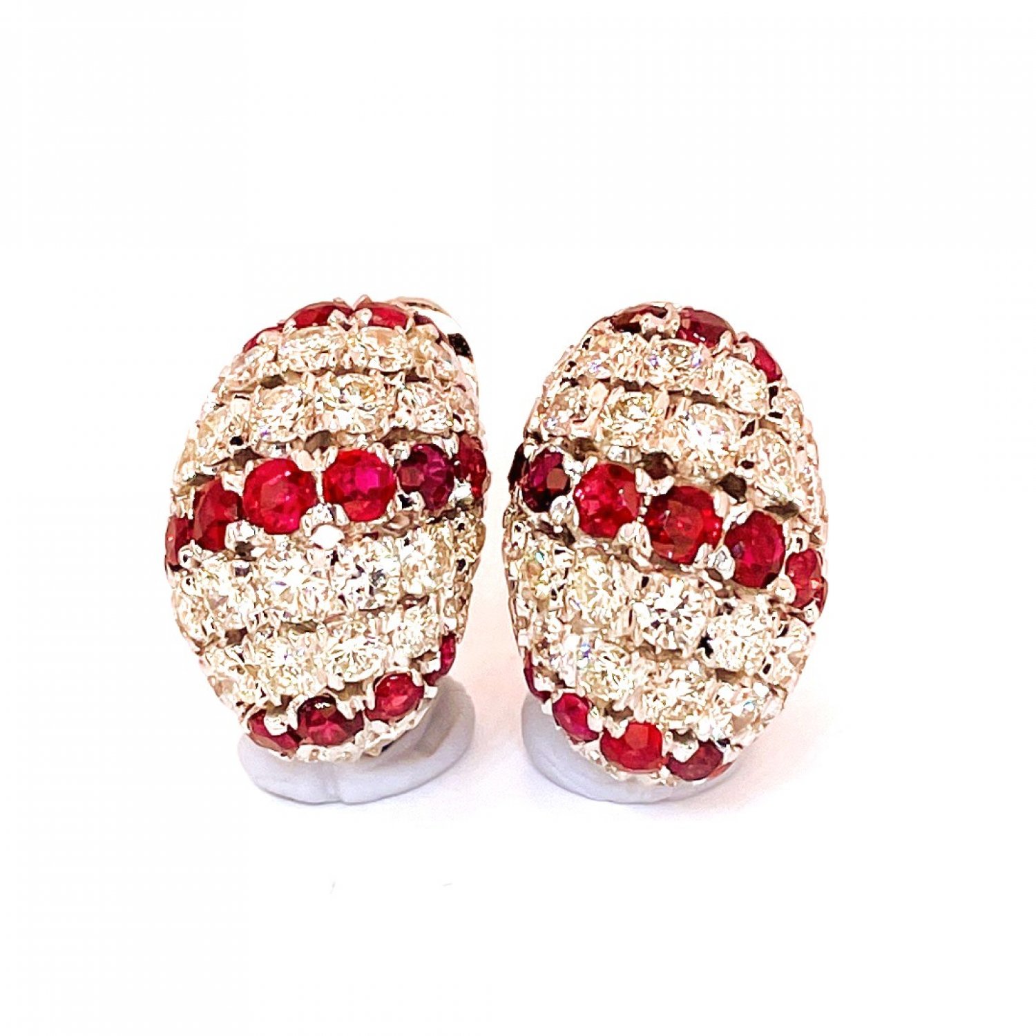 NO HEAT UNHEATED Ruby Diamond Earrings 18K White Gold 750 18kt Dome Earrings 1950s Diamond Earrings Mid Century Earrings Natural Red Ruby
