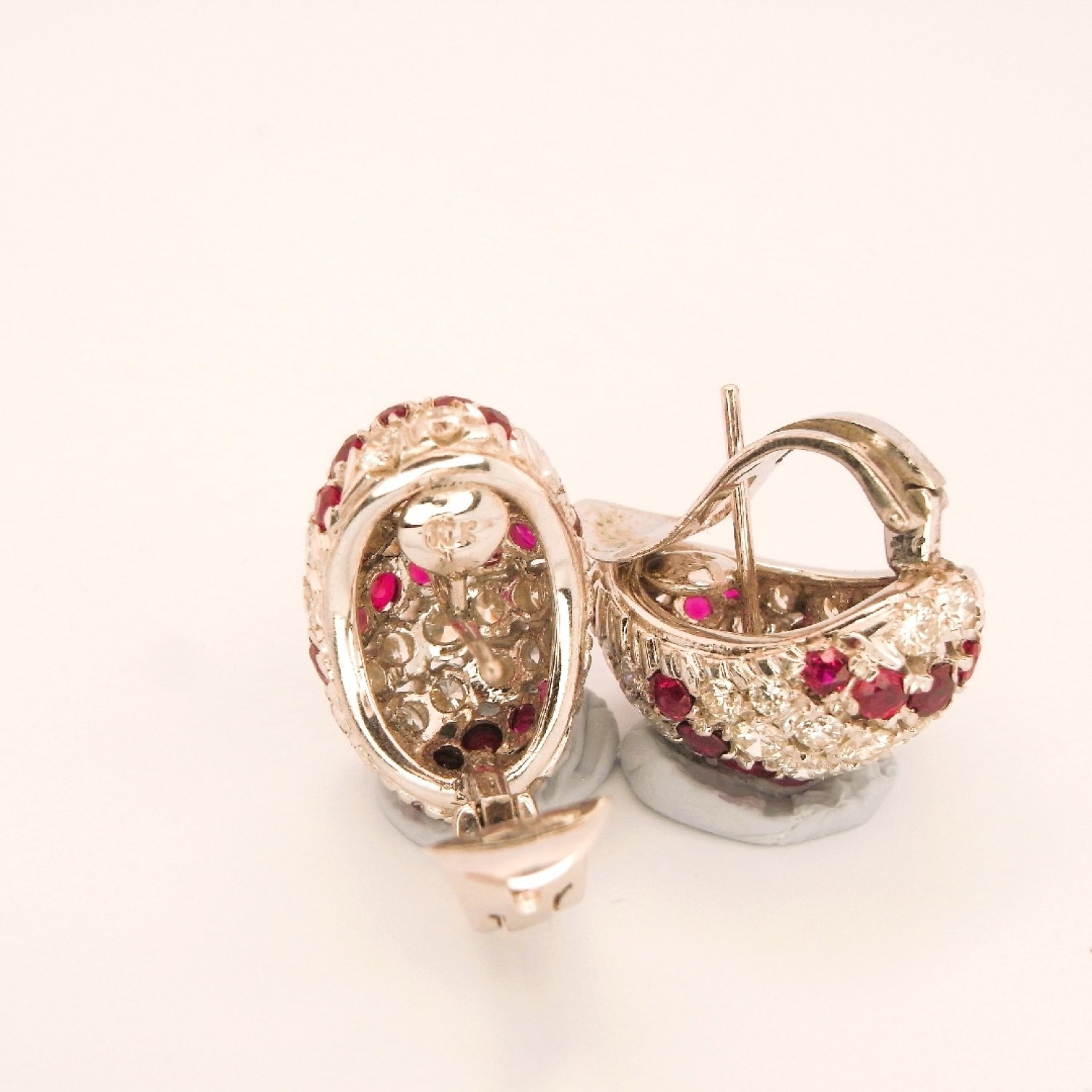 NO HEAT UNHEATED Ruby Diamond Earrings 18K White Gold 750 18kt Dome Earrings 1950s Diamond Earrings Mid Century Earrings Natural Red Ruby