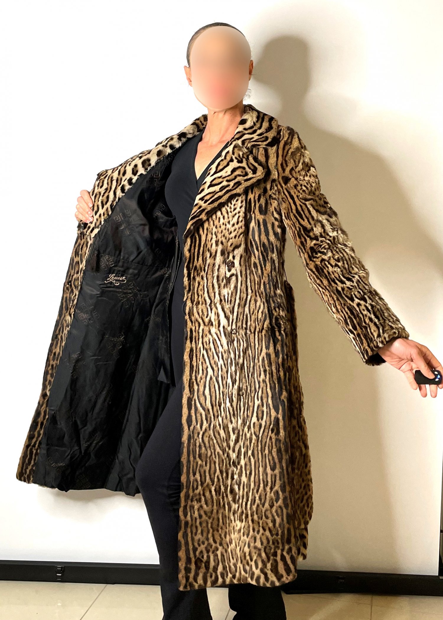 Size 10 (S) Mid Century Ocelot Fur Coat Long Belted Jacket Coat 