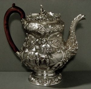 A George IV English Silver Chinoiserie 'Tea Harvest' Tea or Coffee Pot