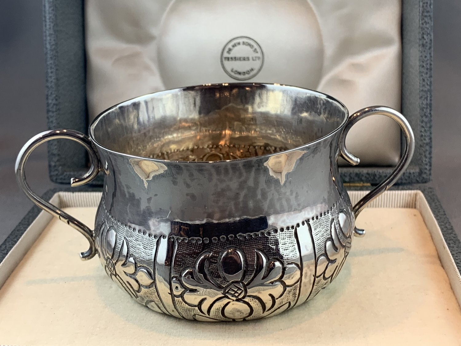 A very rare Commonwealth period silver two-handled porringer. Ensuite with later fitted presentation case. Maker: ‘SA’, London 1658. $14,000. 