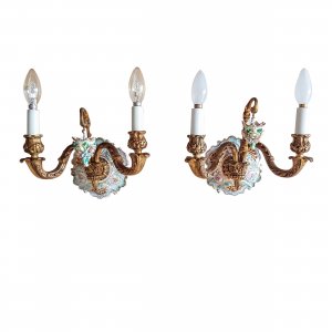 Pair of Vintage Italian Bronze and Porcelain Wall Sconces 