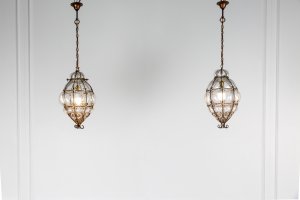 Pair of Seguso Murano Caged Glass Pendant Lights