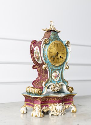 French Sevres Style Porcelain Striking Mantel Clock with Silk Suspension