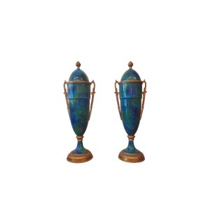 Pair of Art Deco Blue Ceramic and Bronze Vases Paul Milet for Sèvres France