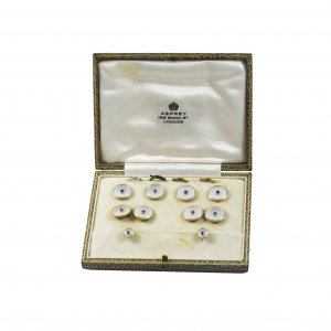 Antique 18ct. Yellow gold, platinum sapphire and mother of pearl, 'white tie' dress set.