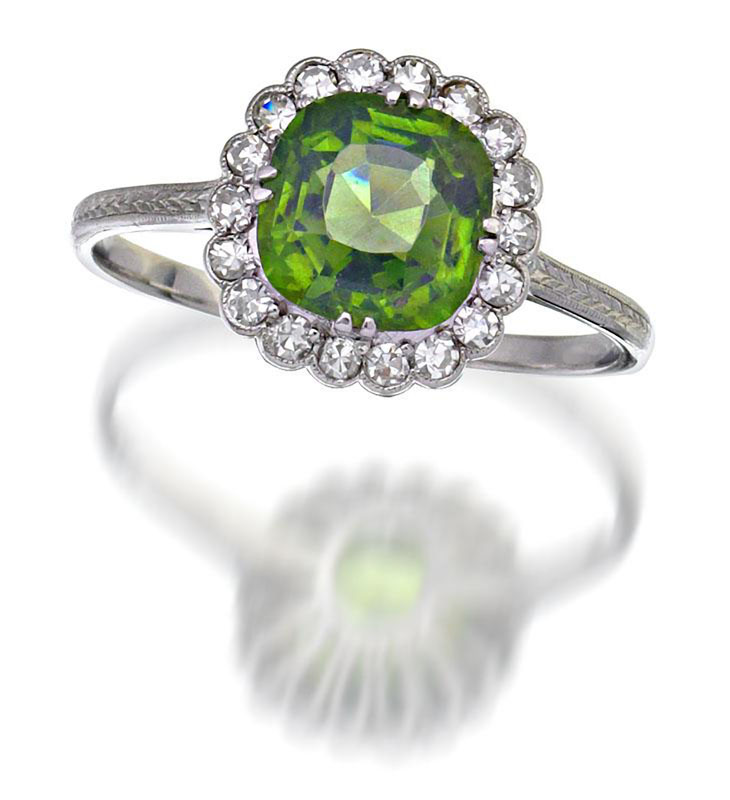 Green Zircon and Diamond Platinum Ring