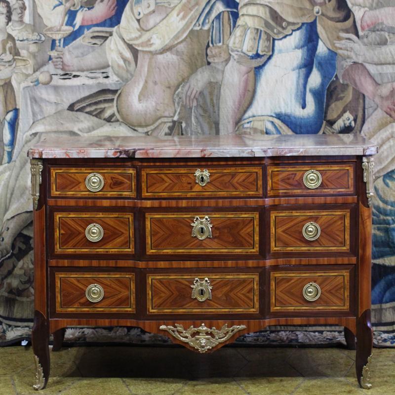 A LOUIS XV/XVI TRANSITIONAL ORMOLU-MOUNTED ROSEWOOD, TULIPWOOD AND FRUITWOOD COMMODE, STAMPED JEAN-MARTIN SCHILER  CIRCA.