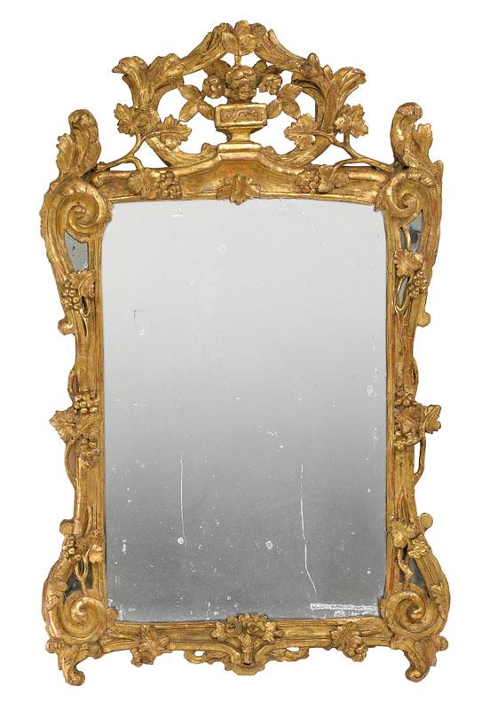 AN 18TH CENTURY LOUIS XV PERIOD, PROVINCIAL GILTWOOD MIRROR.  CIRCA.